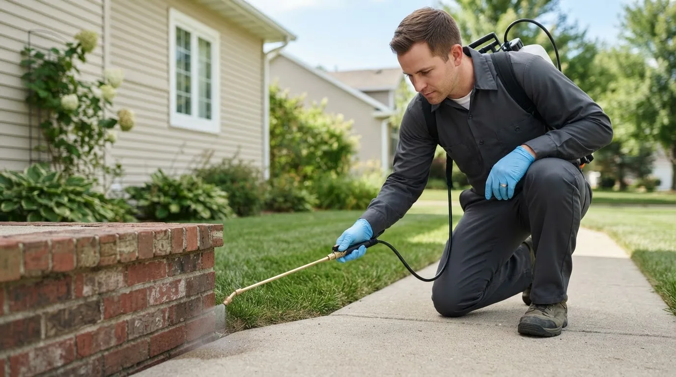 Pest control technician treating a home near South Beloit, IL
